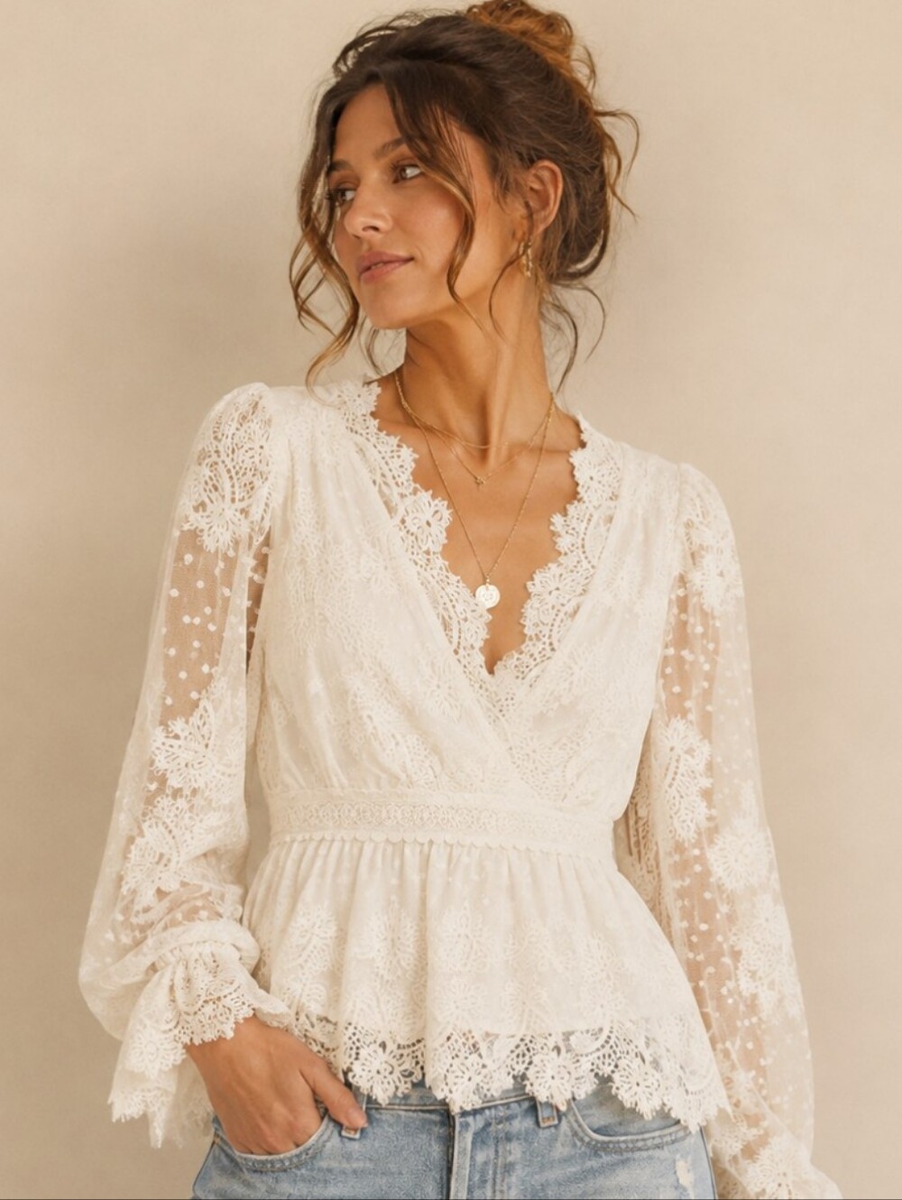 VICI Ivory Lace Crochet Peplum Blouse Small Romantic Boho EUC